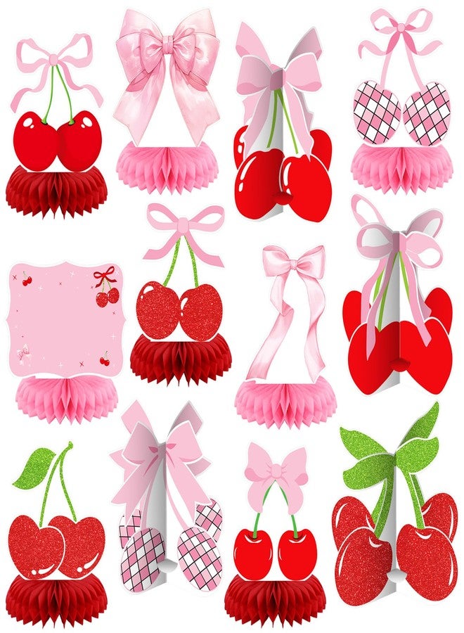 Weekgrat 12 Pcs Cherry Birthday Party Decoration She's the Cherry on Top Honeycomb Centerpiece 3D Red Pink Bow Table Decoration Table Topper for Women Bachelor Baby Shower Party Supplies - Image 1